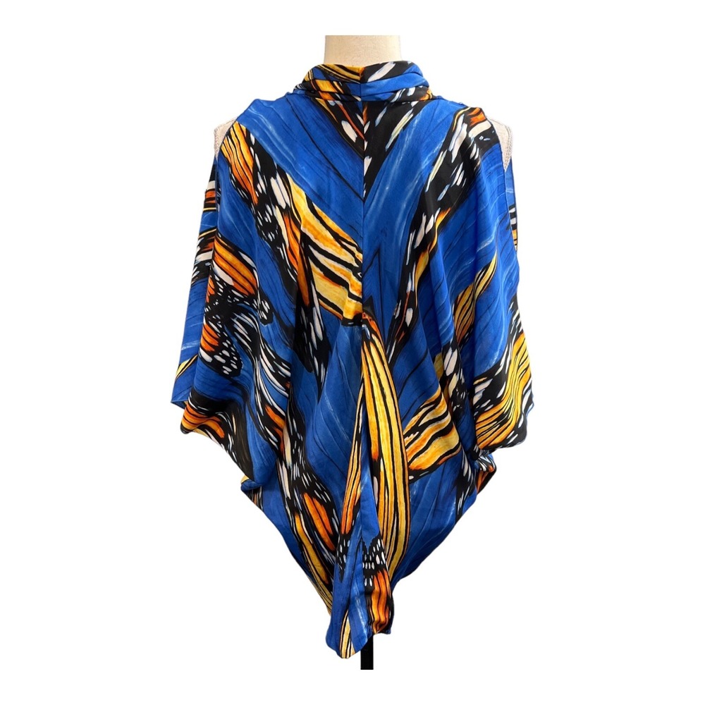 Alberto Makali Poncho Top Blue Satin All Over Butterfly Print Size S Artsy Layer